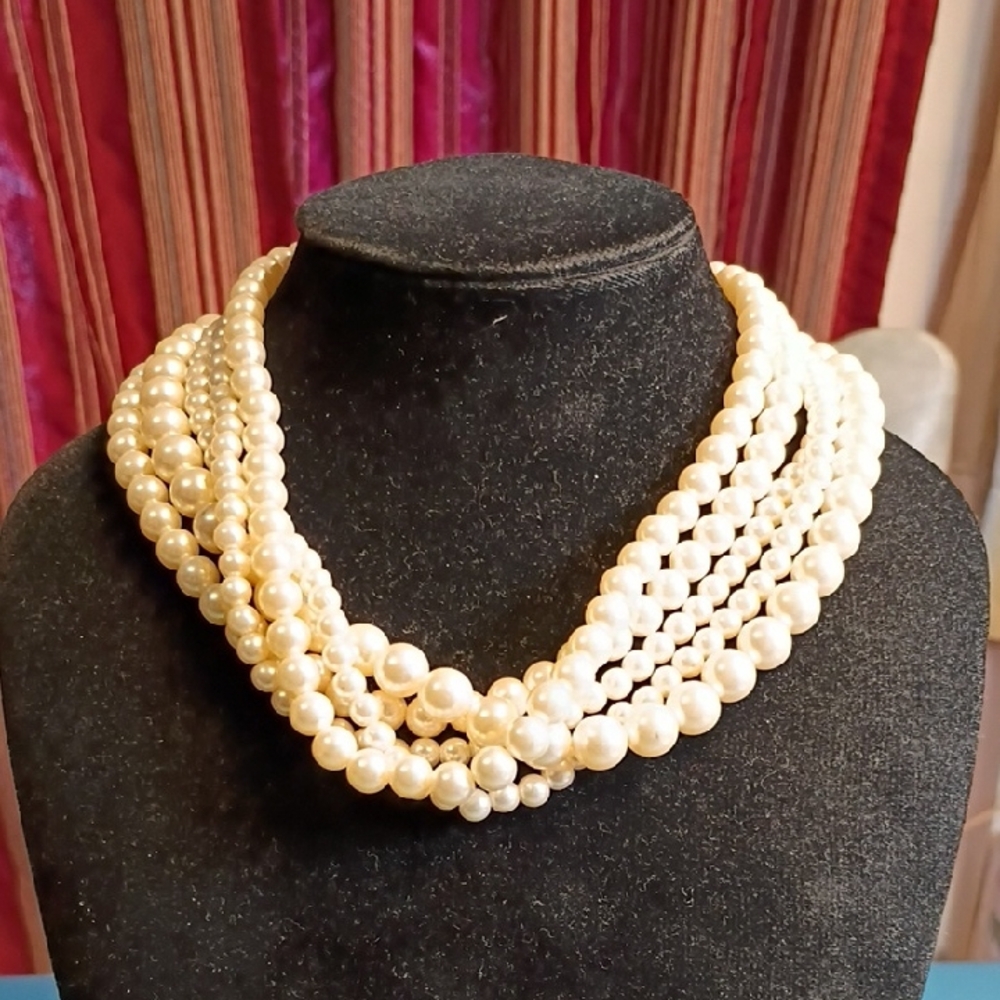 Vintage Cream 5 Strands Pearl Necklace Wedding Prom Special Events